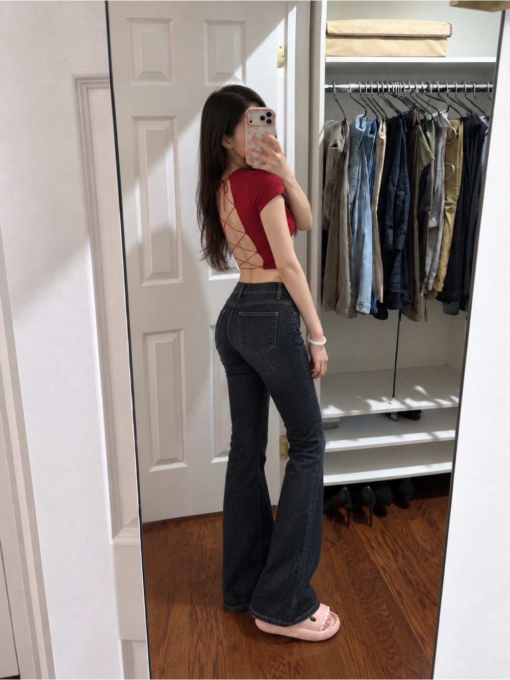 Y2K Red Open Back Crop Top & Dark Wash Flare Jeans 2 Piece Set M